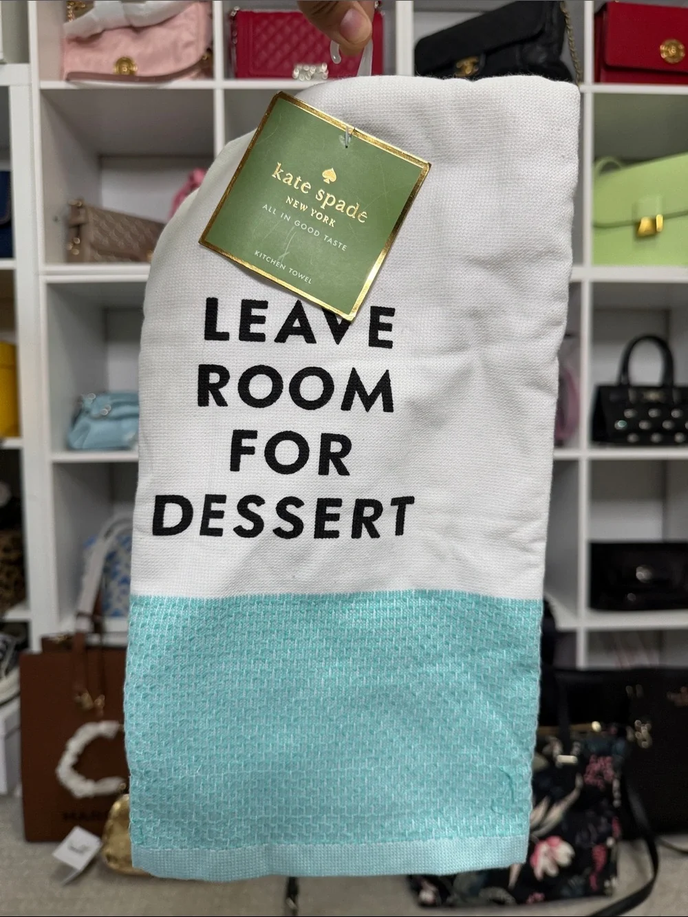 kate spade White & Aqua 'Leave Room for Dessert' Kitchen Towel NWT